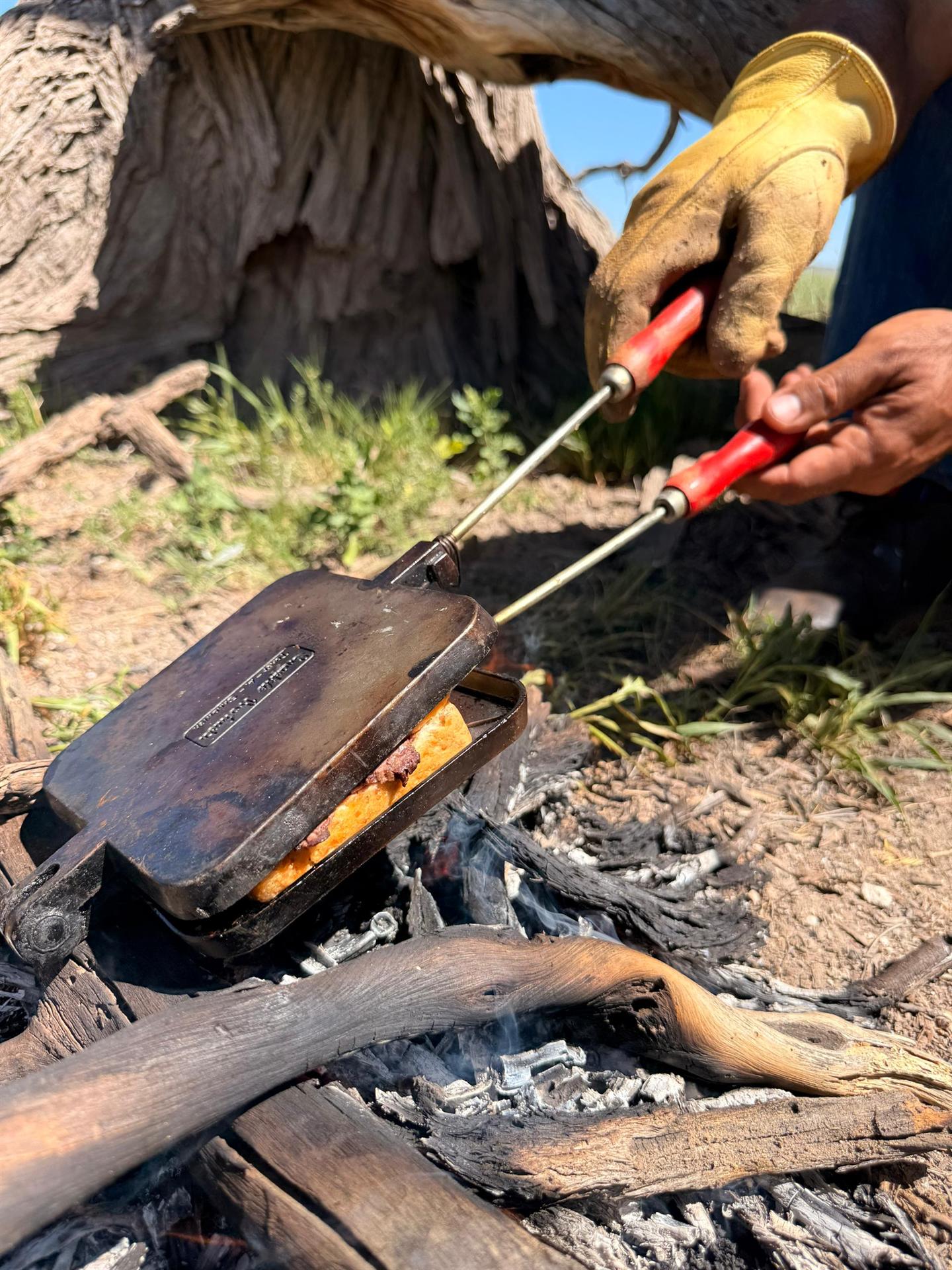 A jaffle iron cooking over the coals
